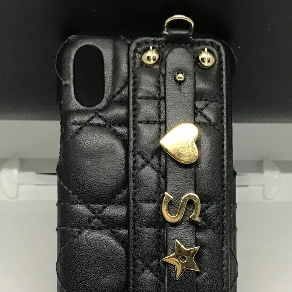 Christian Dior Cannage Black Leather iPhone X XS Cellphone Case /1D2386